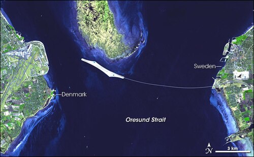 Øresundsbroen — NASA/GSFC/METI/ERSDAC/JAROS, and U.S./Japan ASTER Science Team. Labels by NASA Earth Observatory newsroom. (Public domain) Øresundsbroen